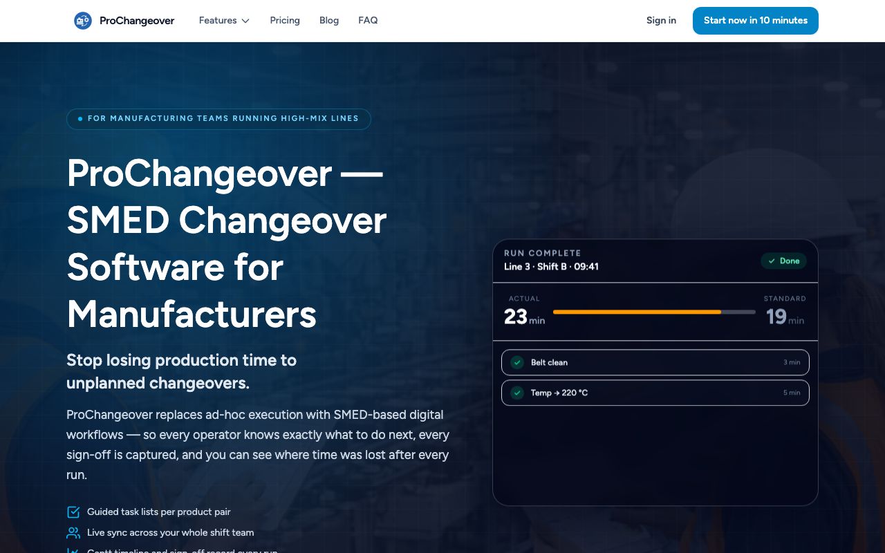 ProChangeover SMED changeover software landing page